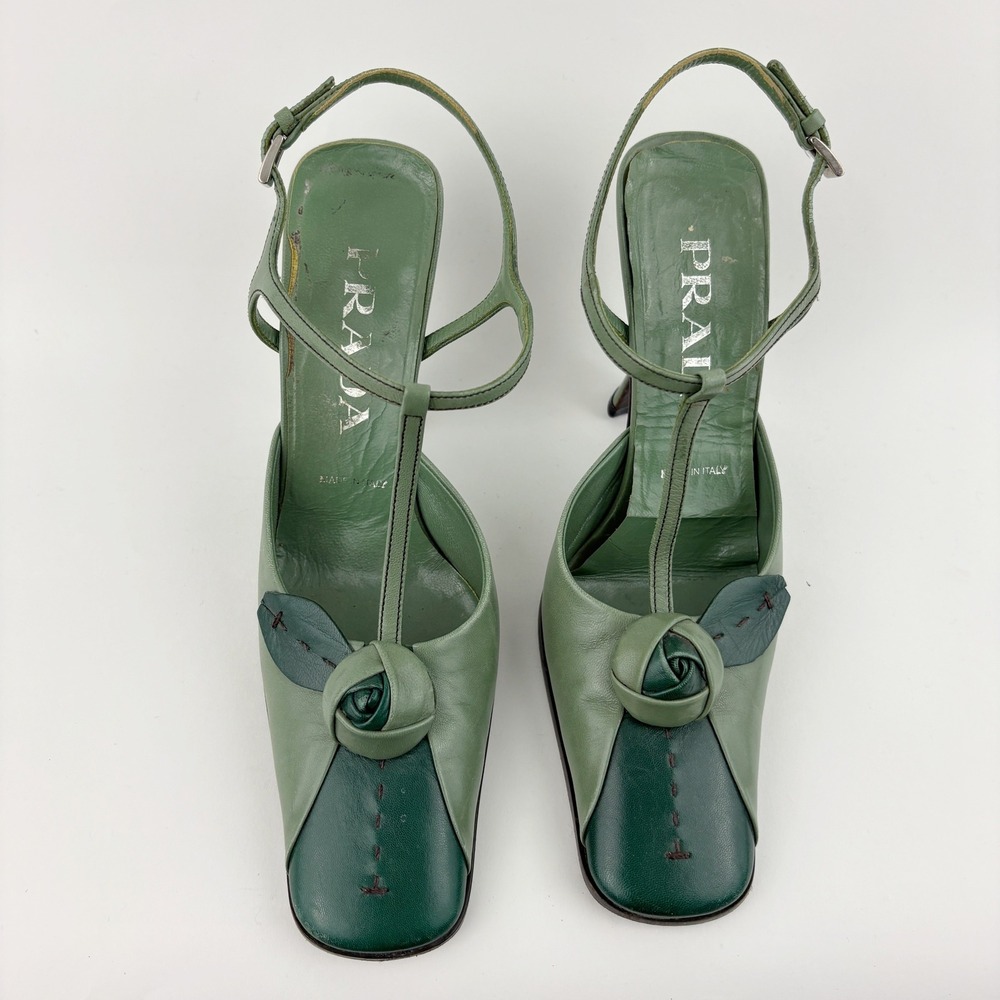 Vintage Prada Green Leather Rose T Strap Heels Size 36 Floral Knot Square Toe - Picture 5 of 14